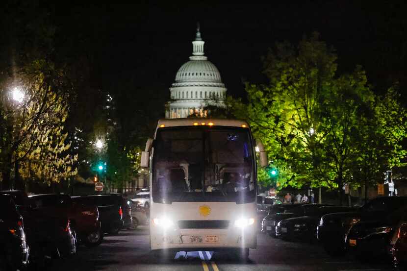 A bus with migrants from Texas arrived in Washington, D.C., on April 21, 2022, as part of...