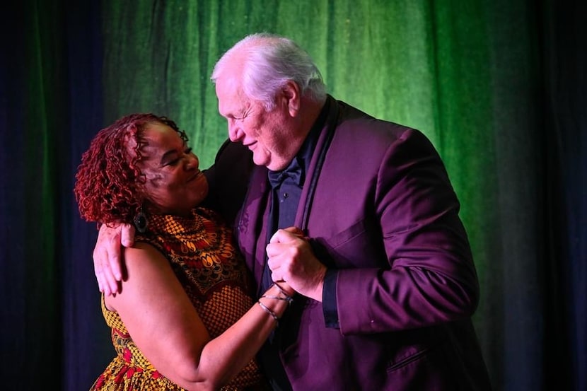 Denise Lee celebrates with retired sportscaster Dale Hansen, for whom Dallas' Black Tie...