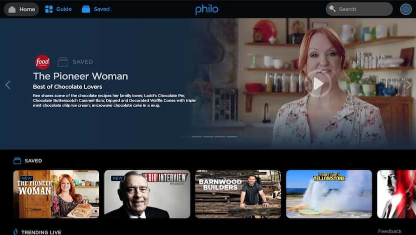 The jhome screen of Philo, an online live TV streaming service.