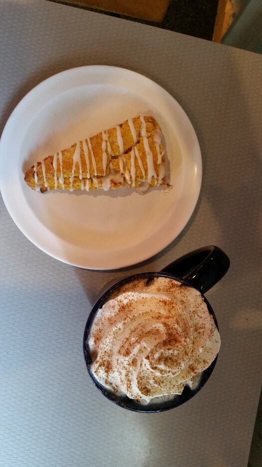 White Rock Coffee's hand-rolled pumpkin scone with sweet icing and pumpkin spice latte.