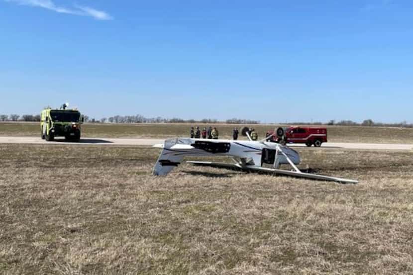 A single-engine aircraft landed upside down at the Denton Enterprise Airport on Feb. 5, 2023.