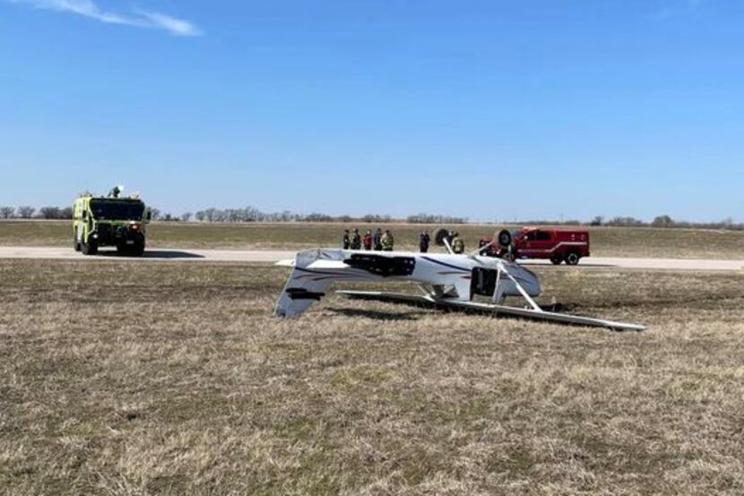 A single-engine aircraft landed upside down at the Denton Enterprise Airport on Feb. 5, 2023.