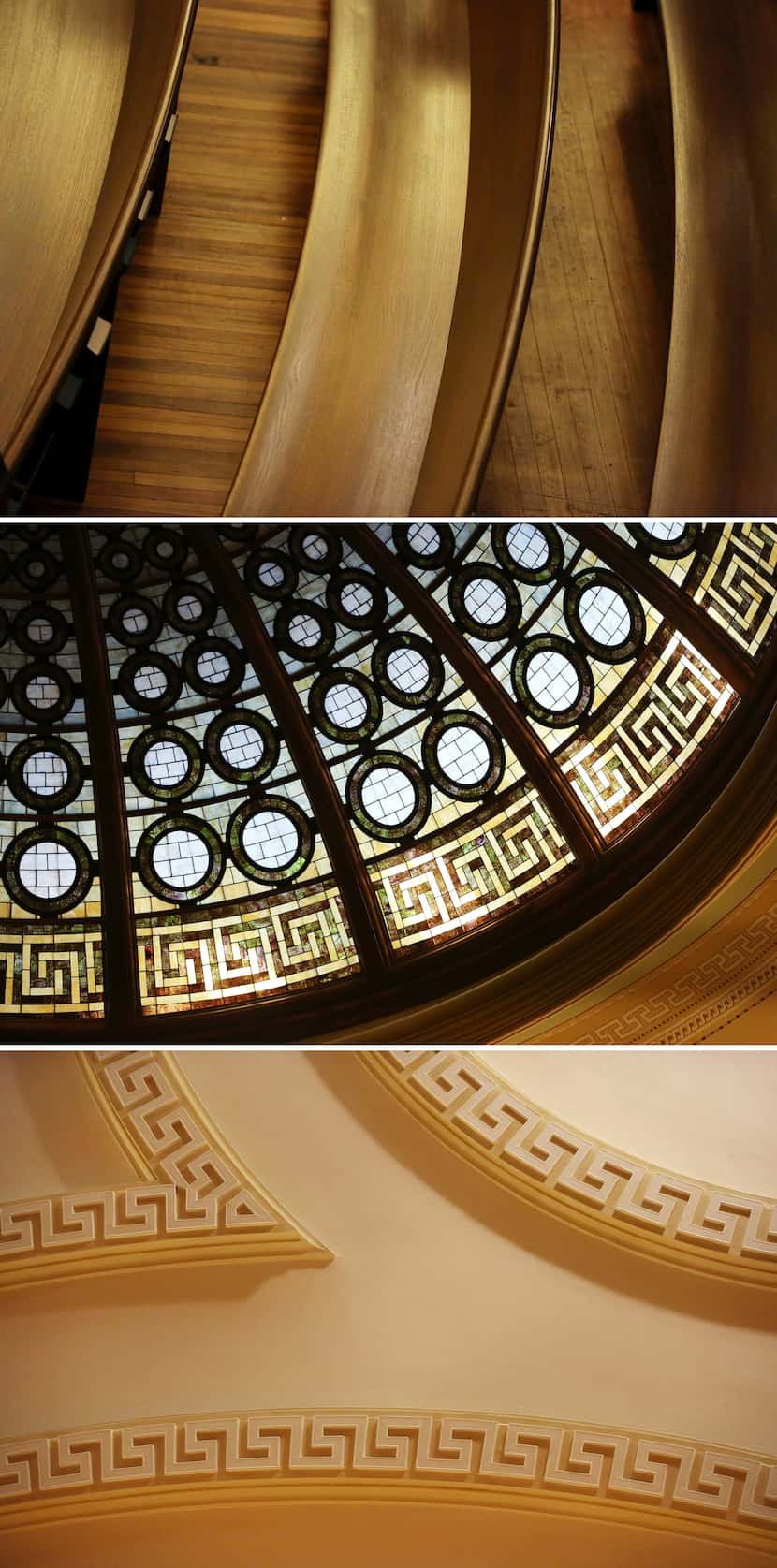 Details within the sanctuary include (from top) the new wooden pews, stained glass in the...