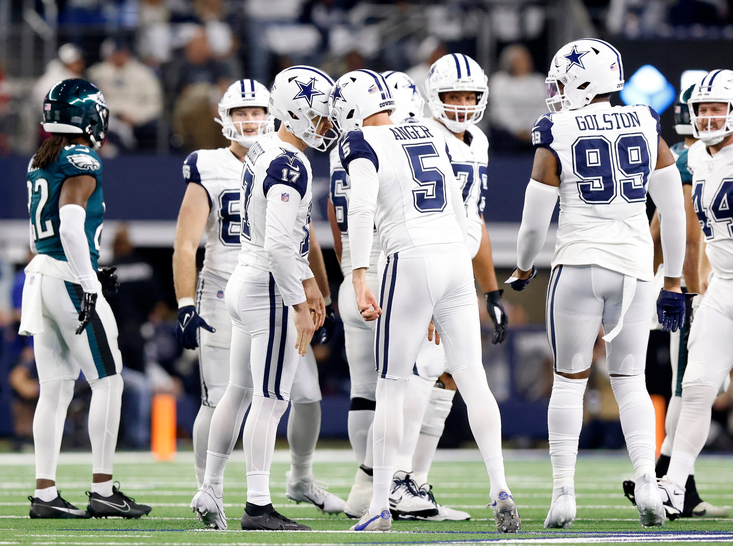 Dallas Cowboys place kicker Brandon Aubrey (17) is congratulated on his 60-yard field goal...