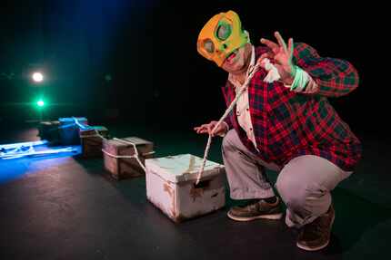 David Lozano dons an insect mask in Cara Mia Theatre's 2023 premiere of "Orígenes/Origins."