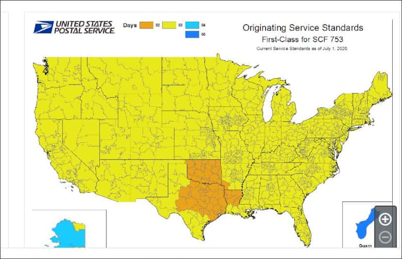 The U.S. Postal Service publishes this map showing that for first-class mail, two-day...