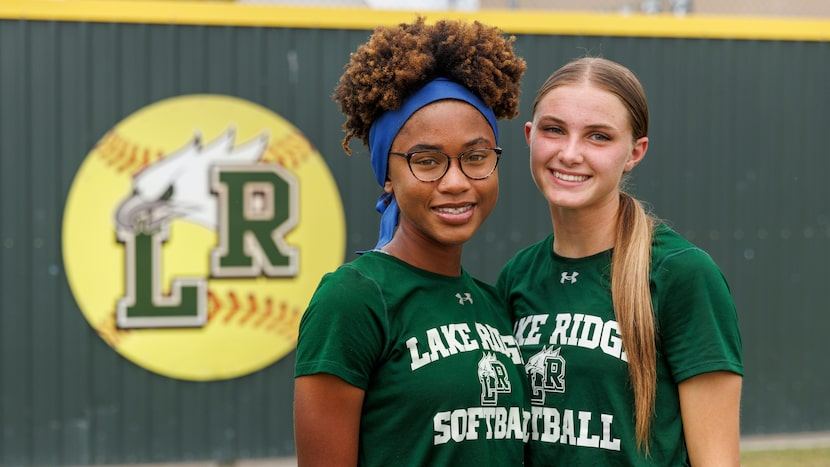 Mansfield Lake Ridge left fielder Paris Johnson (left) and center fielder Tia Warsop...