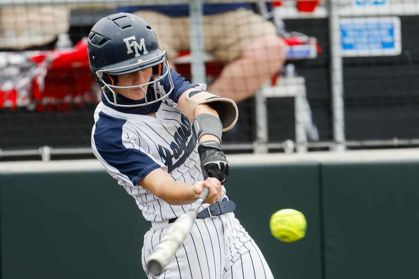 Flower Mound's McKenna Andrews (6) hits the ball against McKinney Boyd during the sixth...