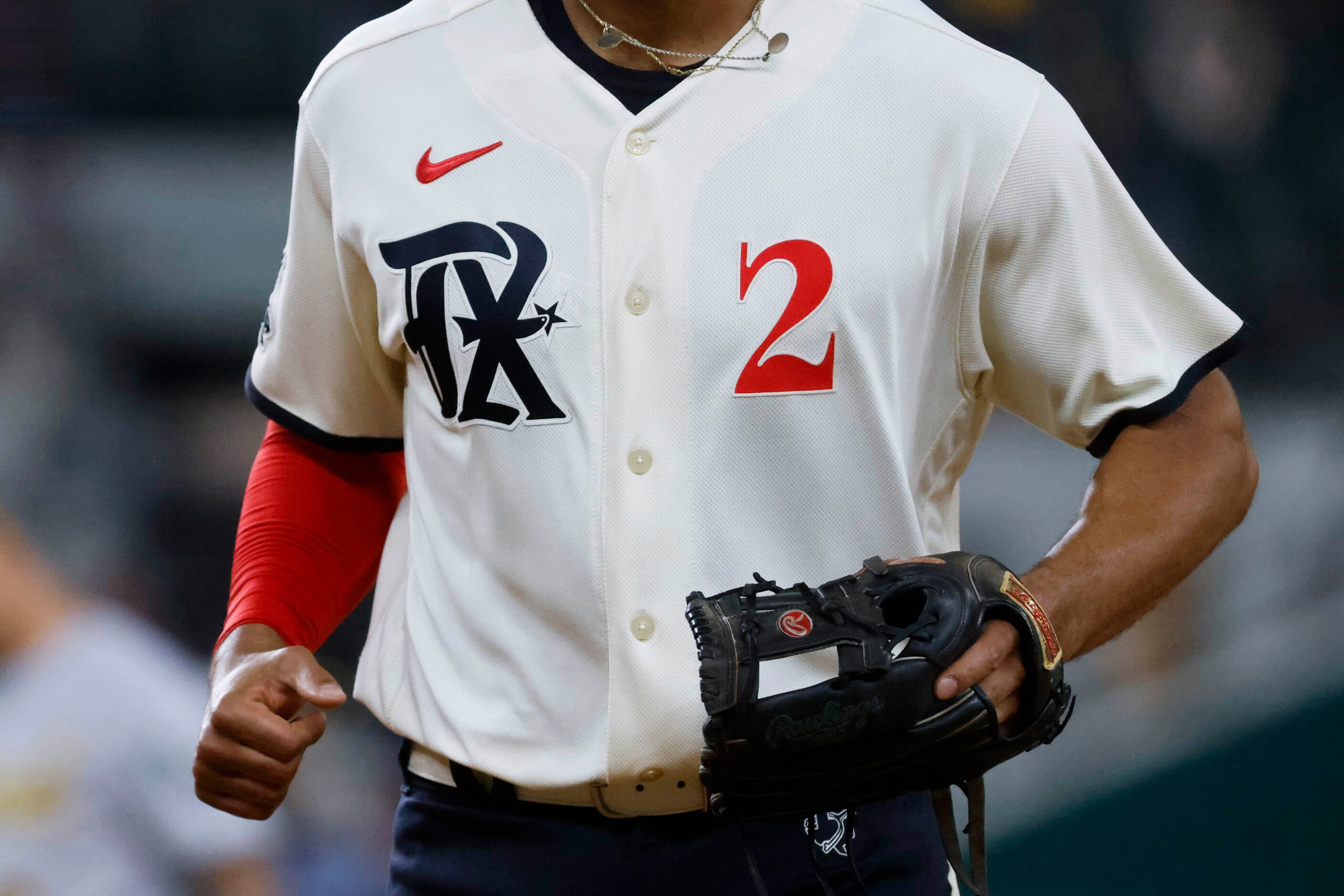 Texas Rangers second baseman Marcus Semien wearing the city connect jersey during the eighth...