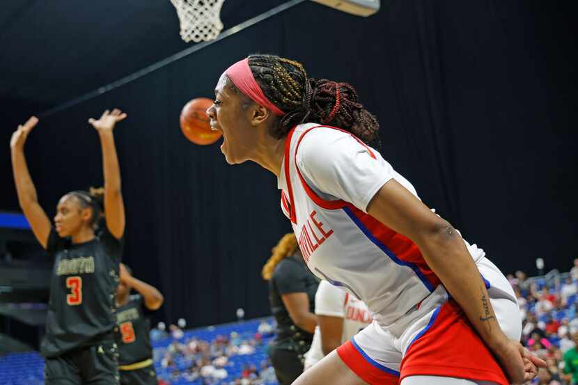 Duncanville's Mariah Clayton (1) celebrates during the UIL Class 6A girls basketball state...