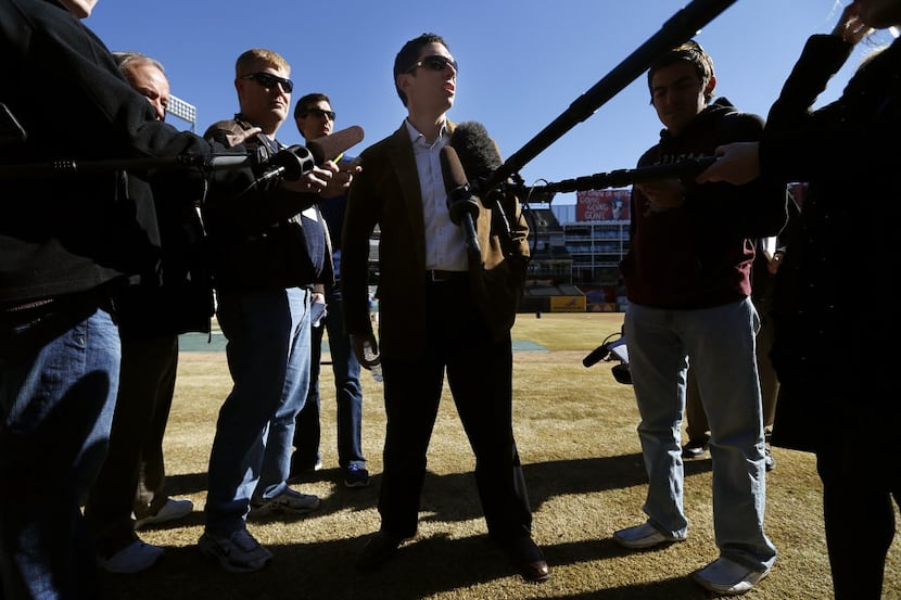 Texas Rangers general manager Jon Daniels answers questions from the media during the Texas...