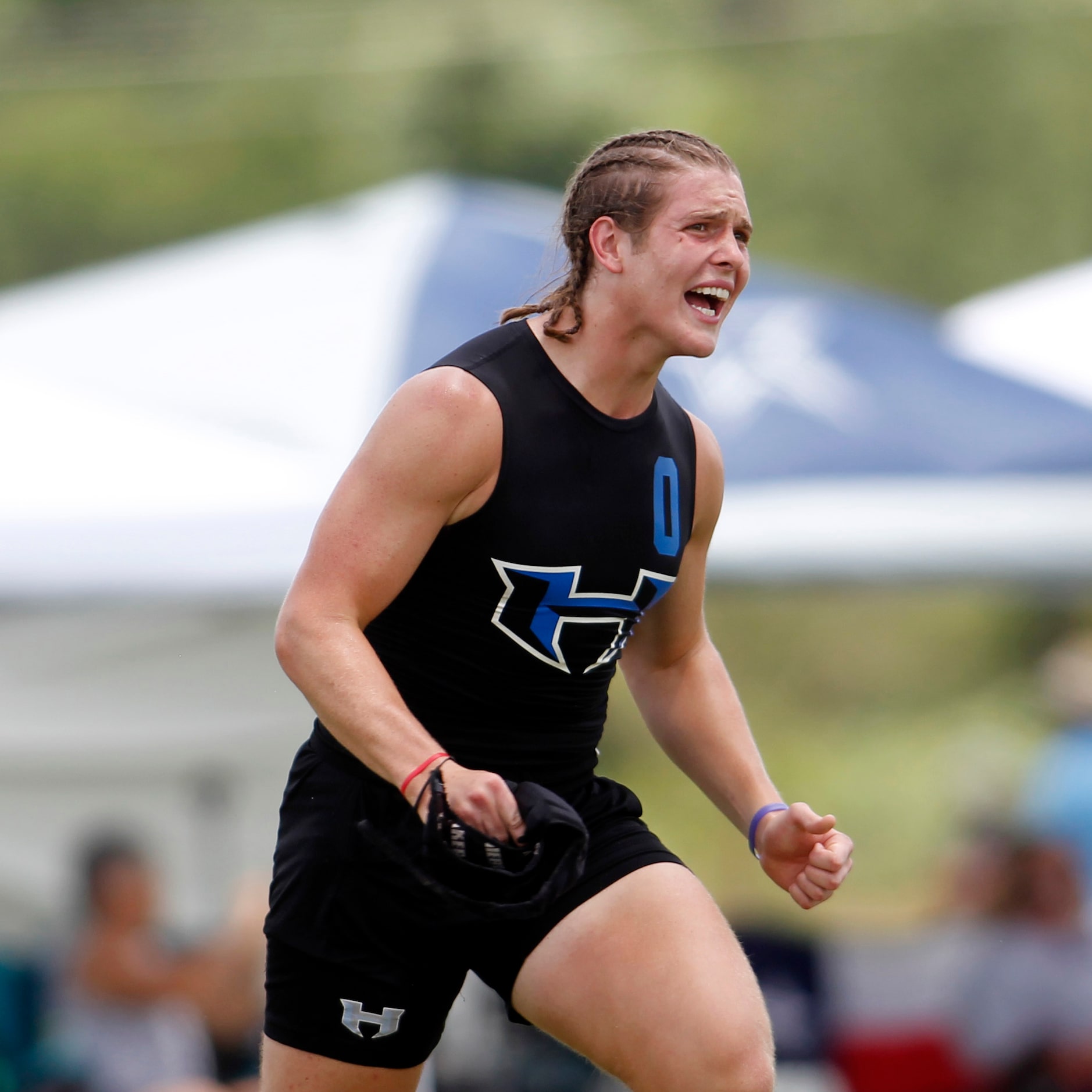 Hebron linebacker Carter Brock (0) celebrates a defensive turnover during day 1 competition...