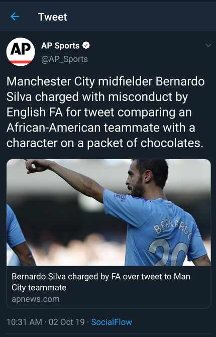 The Associated Press tweet regarding the FA charge for Bernardo Silva