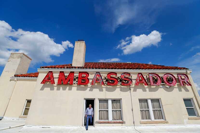 Developer Jim Lake Jr. steps out onto the roof of the historic Ambassador Hotel south of...