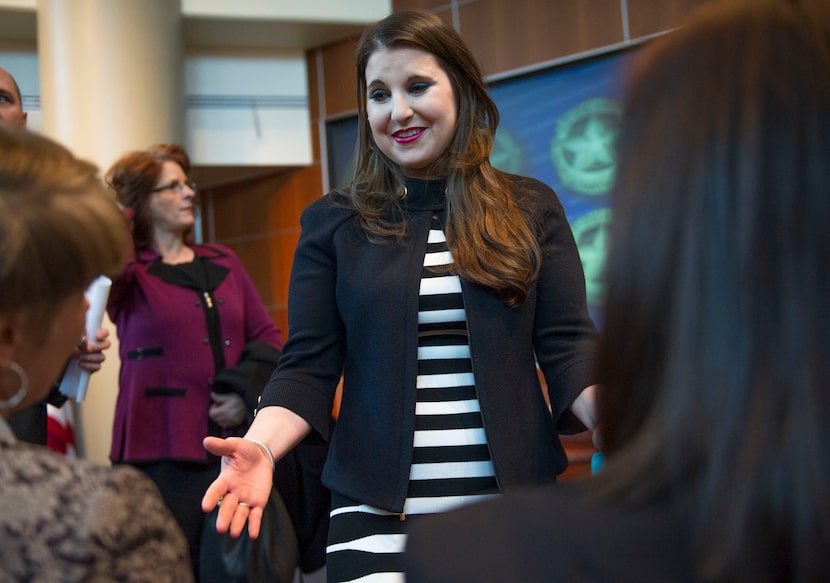 Courtney Underwood spoke with donors on Jan. 23, 2014, before the start of a news conference...