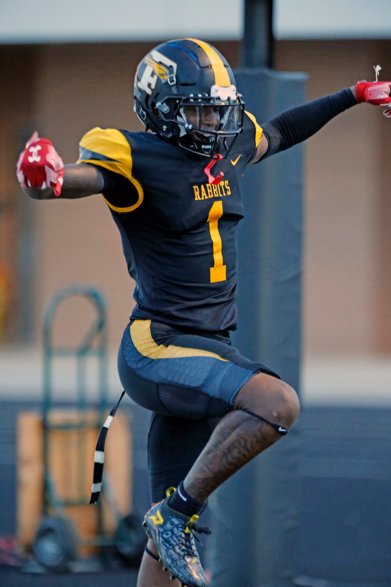 Forney G’yrell Smith (1) celebrates his touchdown in the end zone during the first half of a...