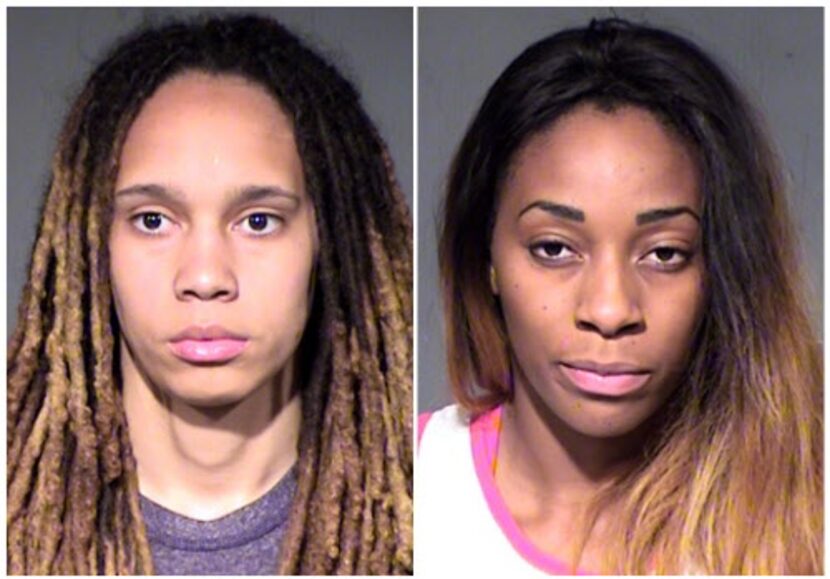 This combo of booking photos released by the Maricopa County Sheriff's Office, show WNBA...