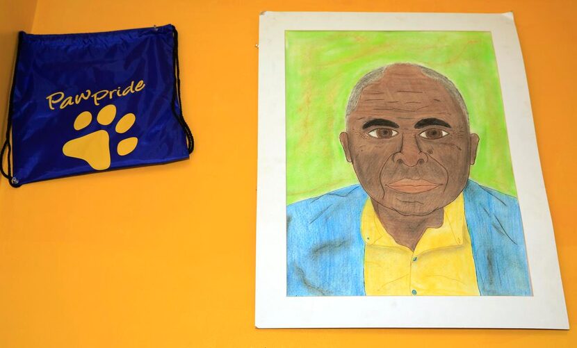 
A drawing by a student of the late Sam Tasby is displayed in the office of Shaundra Jones,...