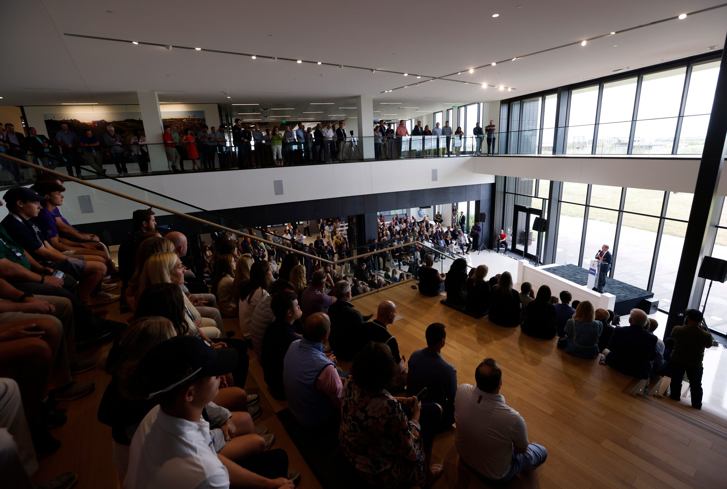 PGA of America president, Jim Richerson talks during a “Welcome Home Celebration,” event at...