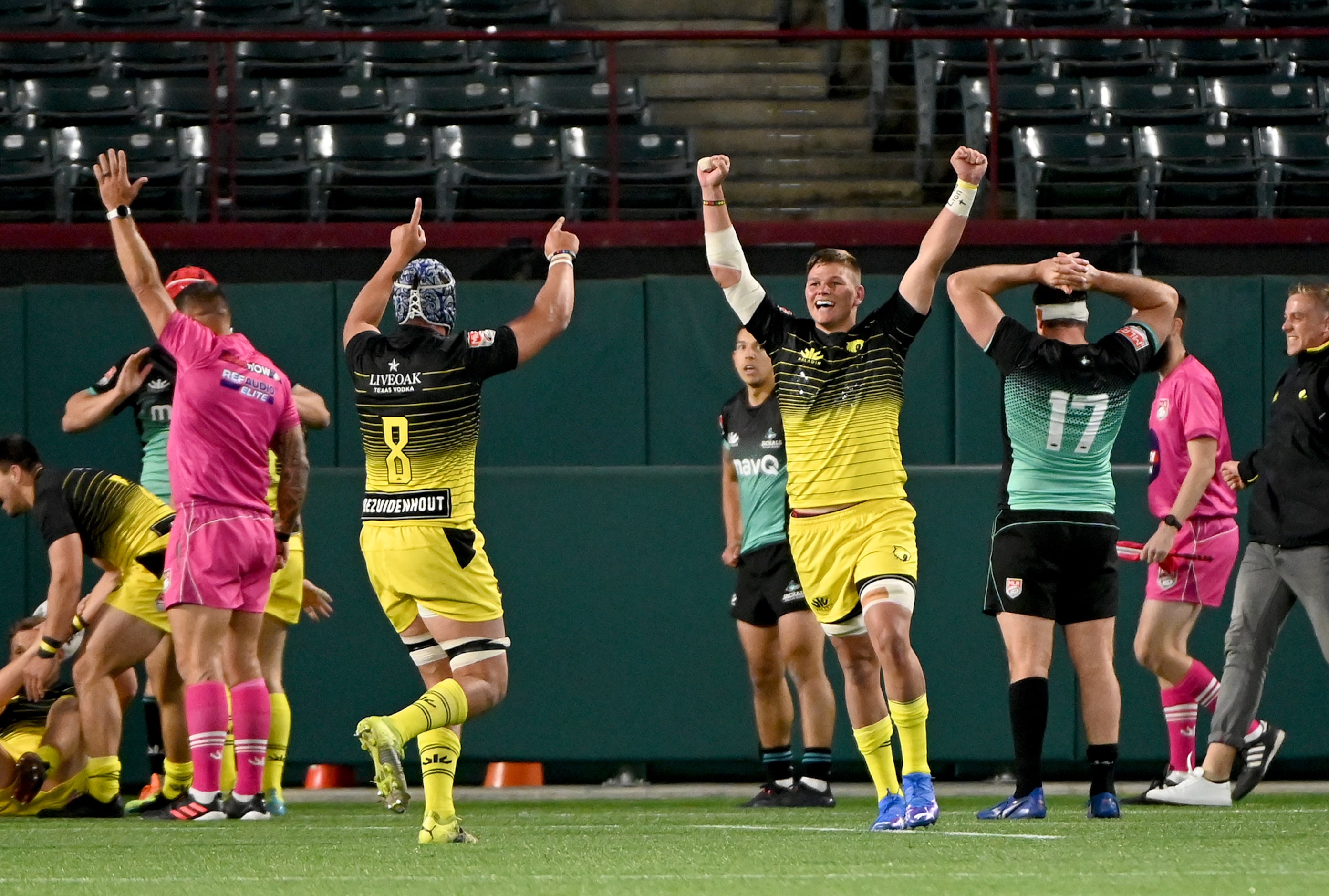 Houston players celebrate after their win of  a Major League Rugby match between the Houston...