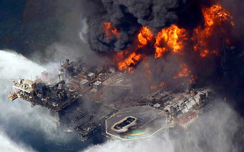 BP's Deepwater Horizon oil platform burns in the Gulf of Mexico on April 21, 2010. 