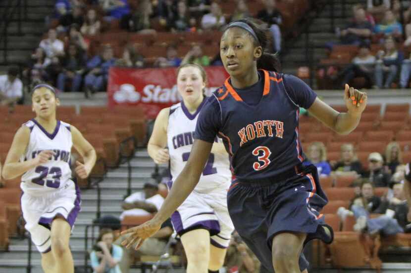 McKinney North freshman guard Breah Powell (3) races to the basket to finish a fast break as...