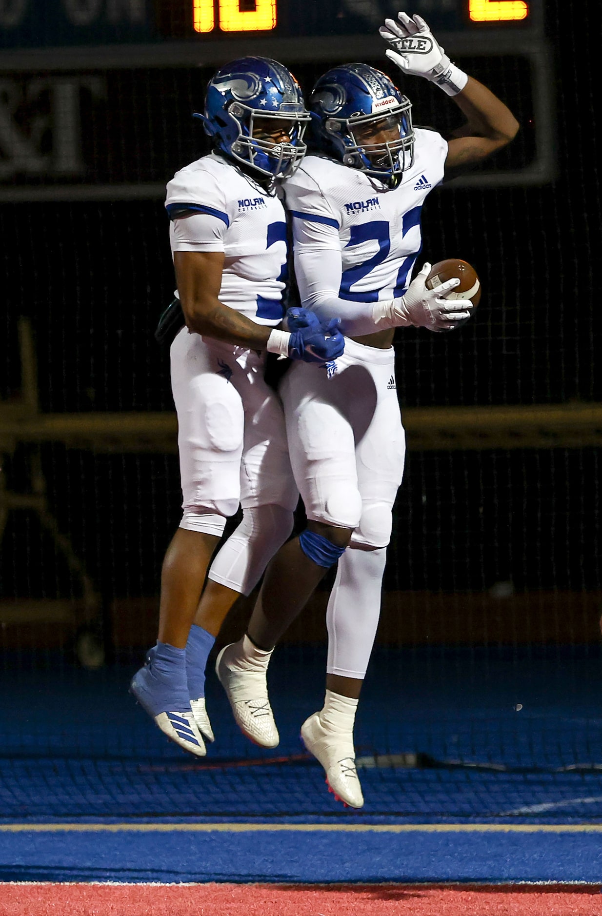 Nolan running back Kewan Lacy (22) and wide receiver Skyler Patterson (3) celebrate a...