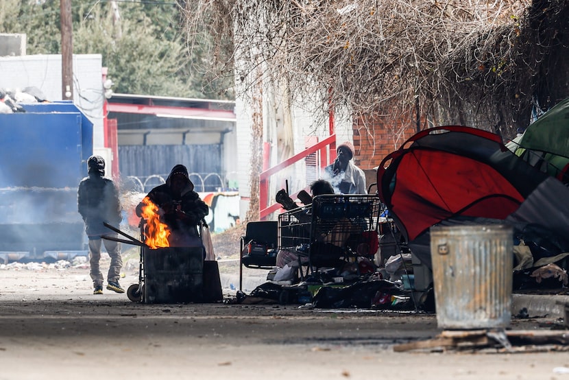 A campsite under I-45 Hwy where people experiencing homelessness live in Dallas on...