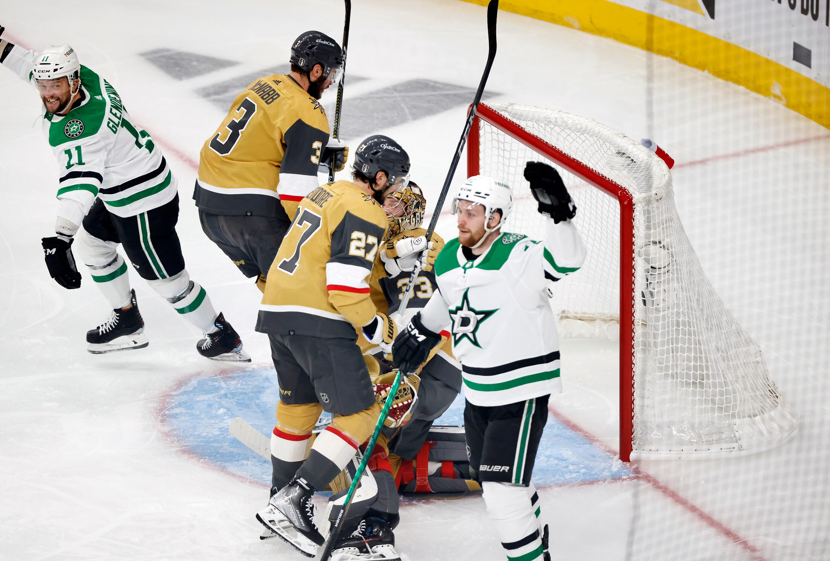 Dallas Stars center Radek Faksa (right) celebrates his score on Vegas Golden Knights...