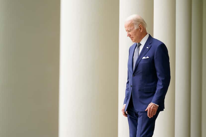 President Joe Biden arrives to speak in the Rose Garden of the White House in Washington,...