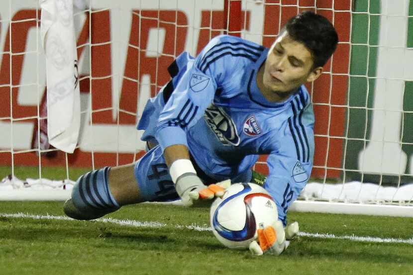 FC Dallas goalkeeper Jesse Gonzalez (44) stops a shot during a shoot out to insure the...