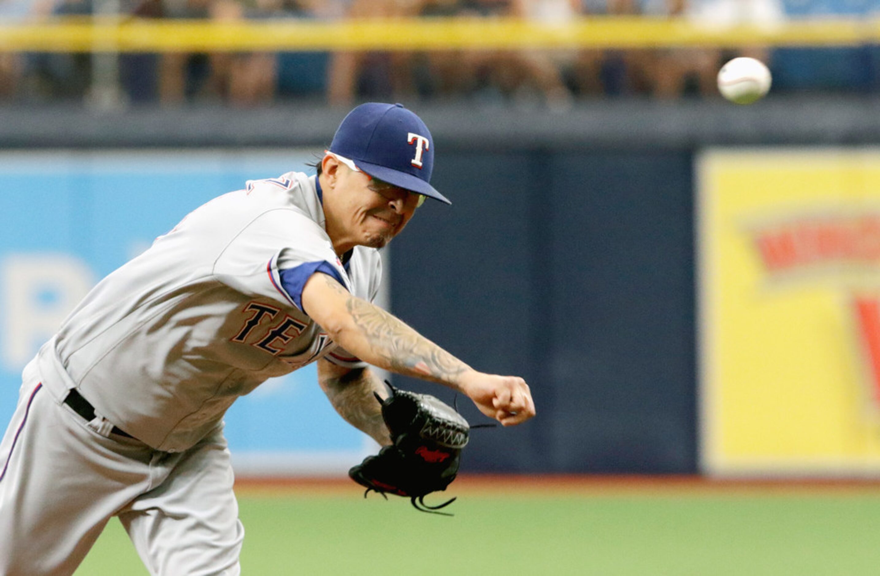 ST. PETERSBURG, FL - JUNE 30:  Jesse Chavez #53 of the Texas Rangers delivers a pitch during...