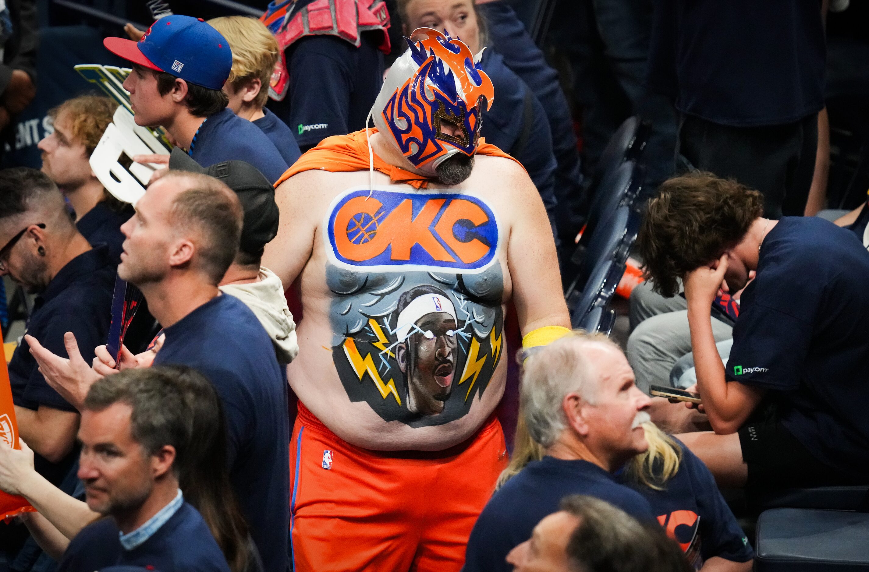 Oklahoma City Thunder fan Garrett Haviland, known as ‘Thundor' reacts during the second half...