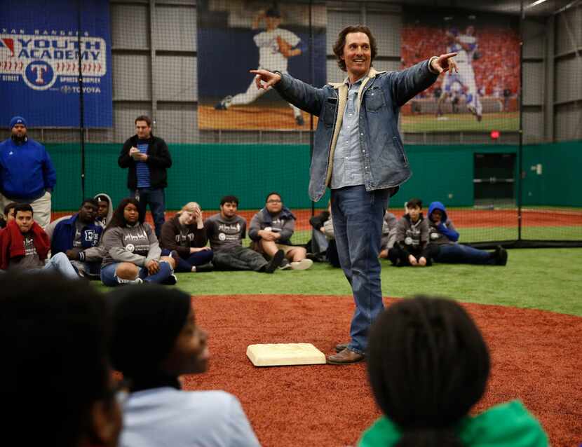 Matthew McConaughey speaks to students from Sam Houston High School, Pinkston High School...