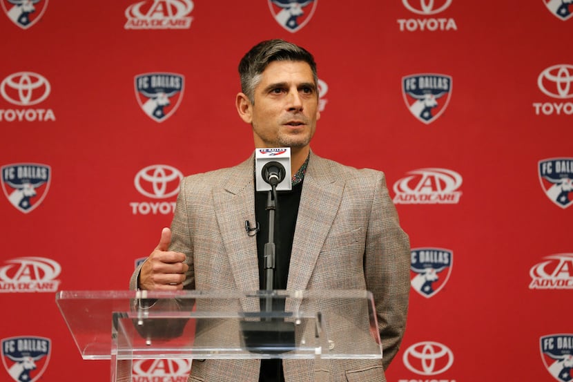 Newly hired FC Dallas head coach Luchi Gonzalez makes a statement after being introduced...