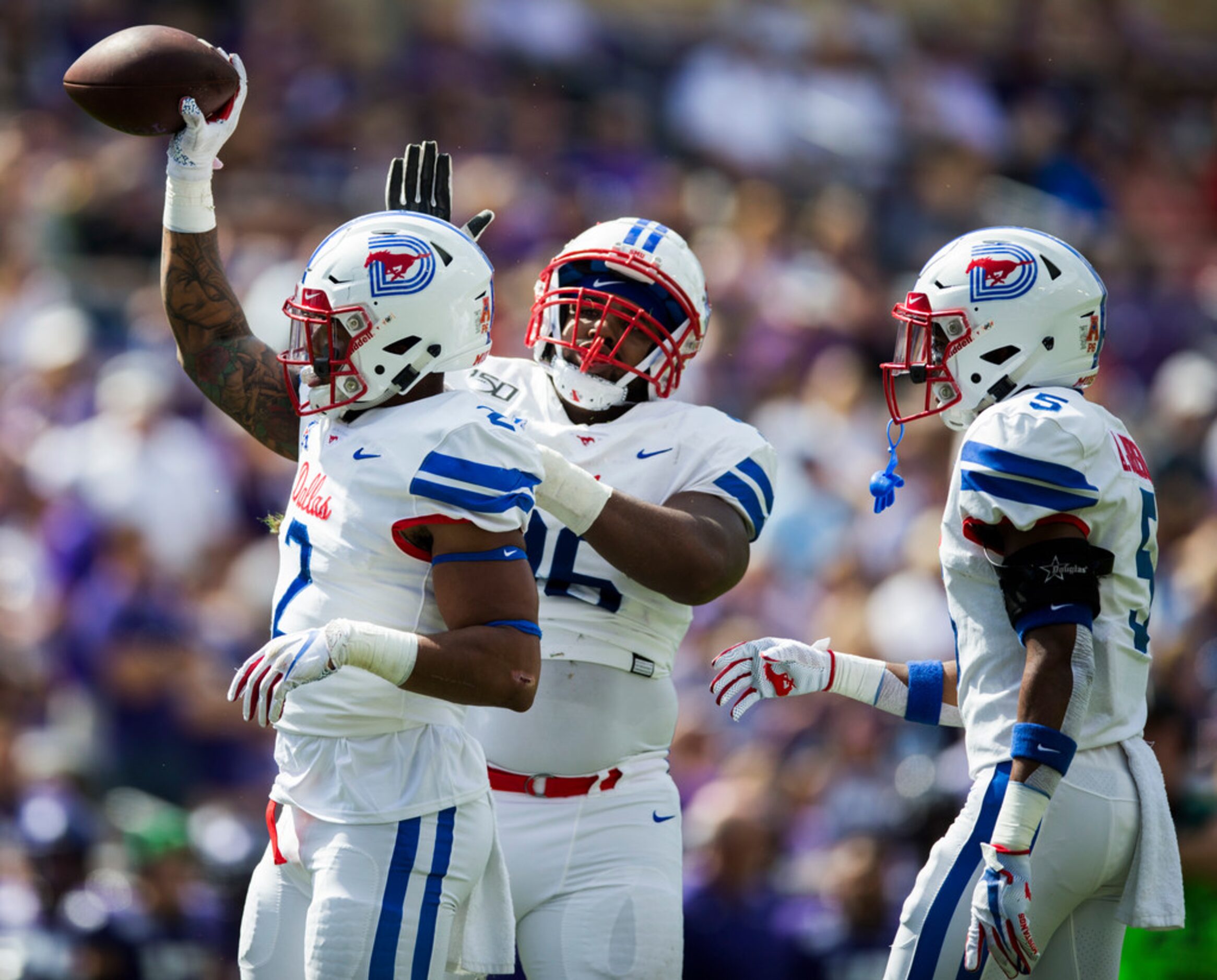 Southern Methodist Mustangs running back Ke'Mon Freeman (2) celebrates a turnover during the...