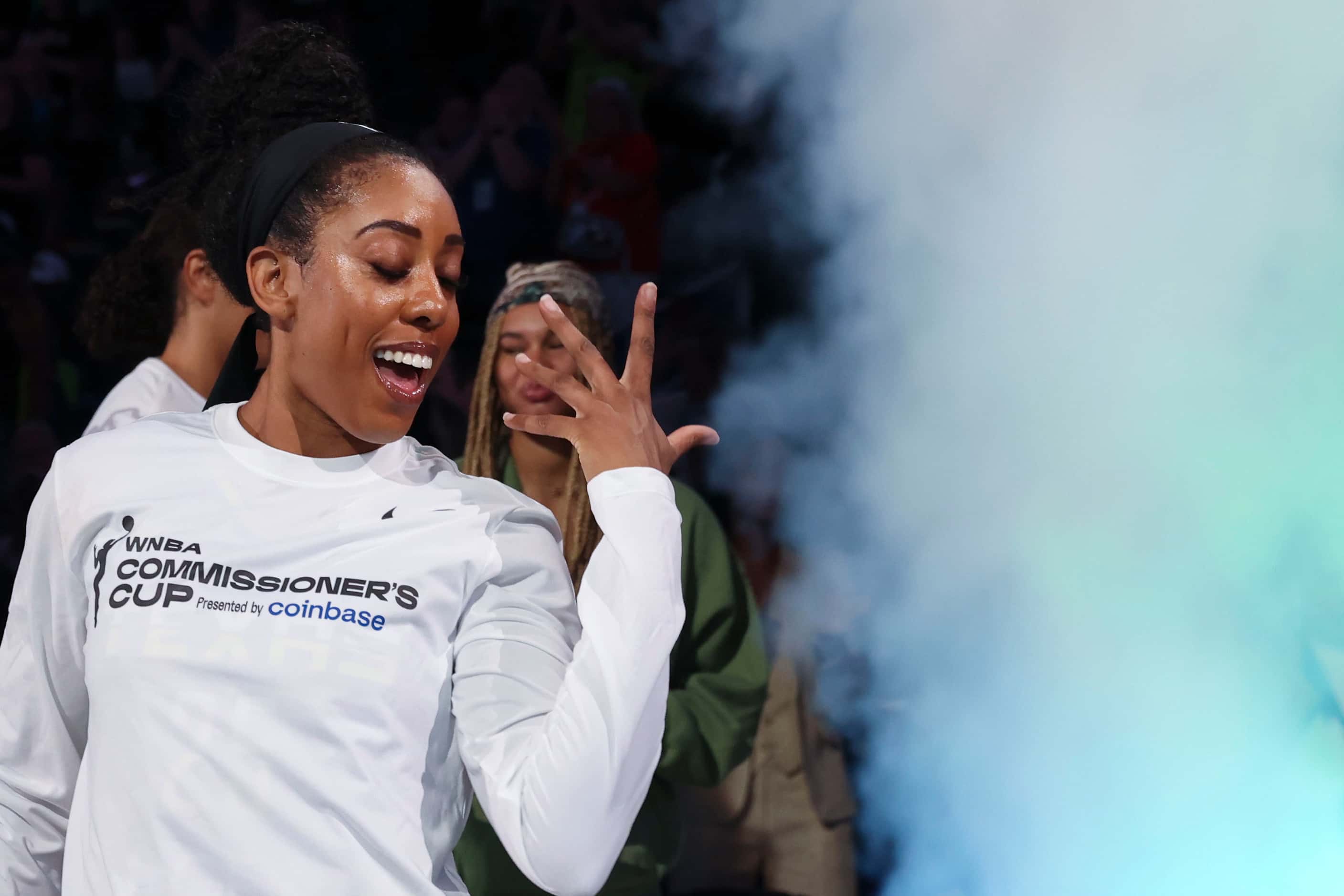 Dallas Wings forward Monique Billings gestures during players introduction ahead of a WNBA...