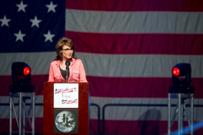 
Former Alaska Governor and Republican vice presidential nominee Sarah Palin speaks in...