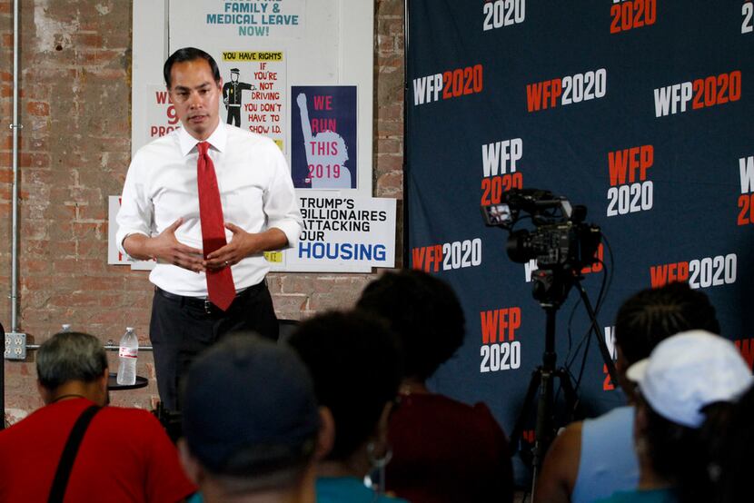 Democratic presidential hopeful Julian Castro talks to Texas Working Families Party members...