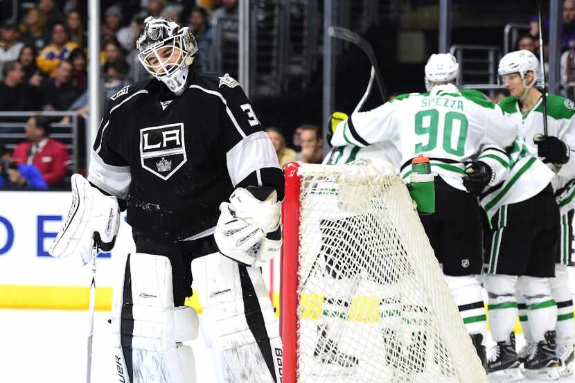 LOS ANGELES, CA - JANUARY 09:  Peter Budaj #31 of the Los Angeles Kings reacts to a goal...