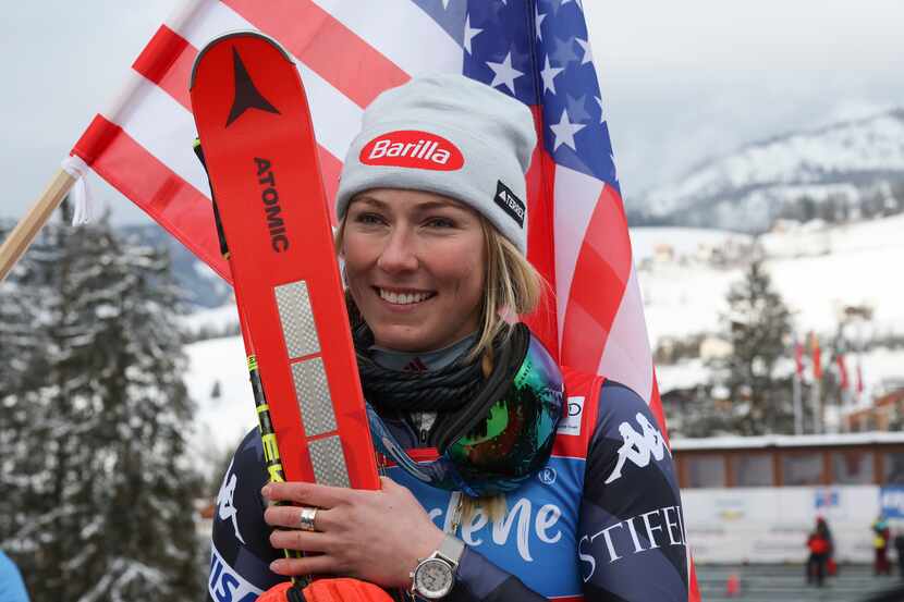 United States' Mikaela Shiffrin poses for photographers after winning an alpine ski, women's...