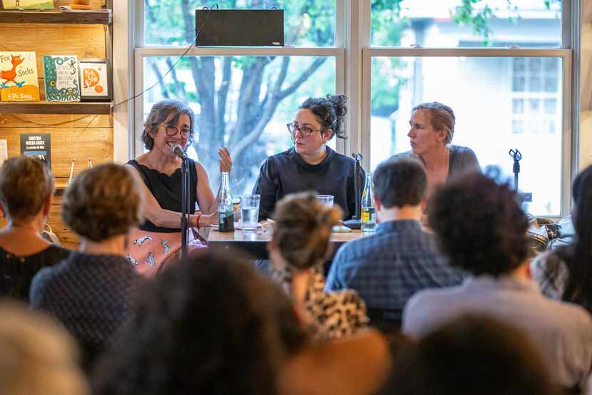 Attendees listen as authors Cristina Rivera Garza (left), Leni Zumas (center) and Miriam...