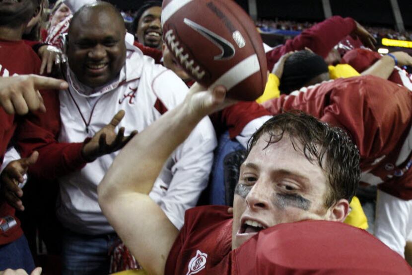 Dec 5, 2009; Atlanta, GA, USA; Alabama Crimson Tide quarterback Greg McElroy (12) celebrates...