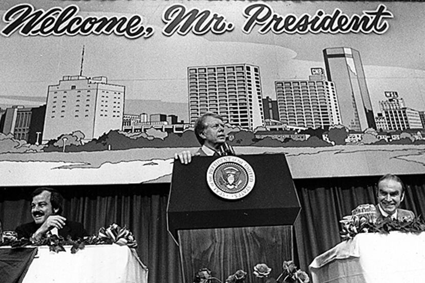  President Jimmy Carter addresses luncheon attendees as Sen. Lloyd Bentsen (from left), Fort...