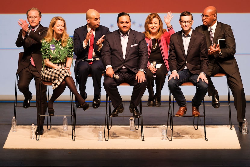 From left, Dallas mayoral candidates Mike Ablon, Lynn McBee, Miguel Solis, Jason Villalba,...