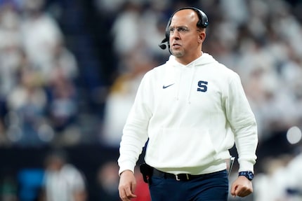 Penn State head coach James Franklin watches from the sideline during the first half of the...