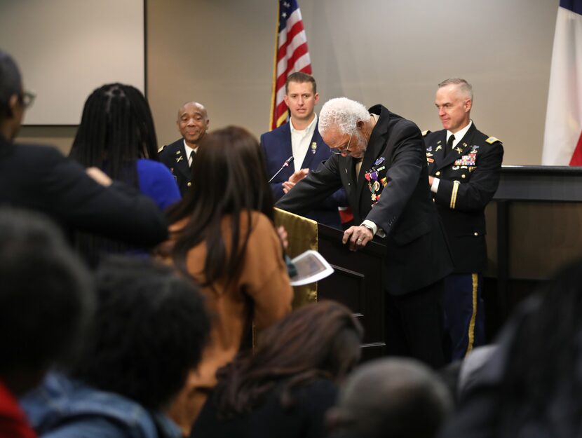 Vietnam Veterean James Baylor breaks down as he speaks to the crowd during his awards...