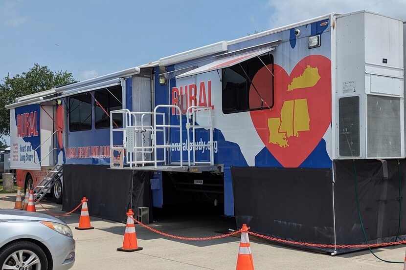 A medical trailer is being used to test rural residents' heart and lung function as part of...