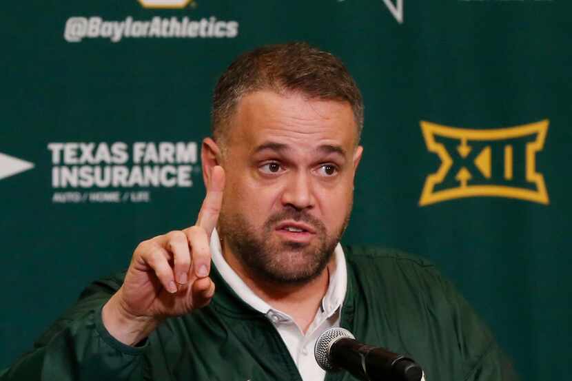 In this Feb. 1, 2017 file photo, Baylor head football coach Matt Rhule talks with reporters...
