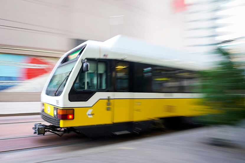 A file photo shows a DART rail train pulling into a station in downtown Dallas on Thursday,...